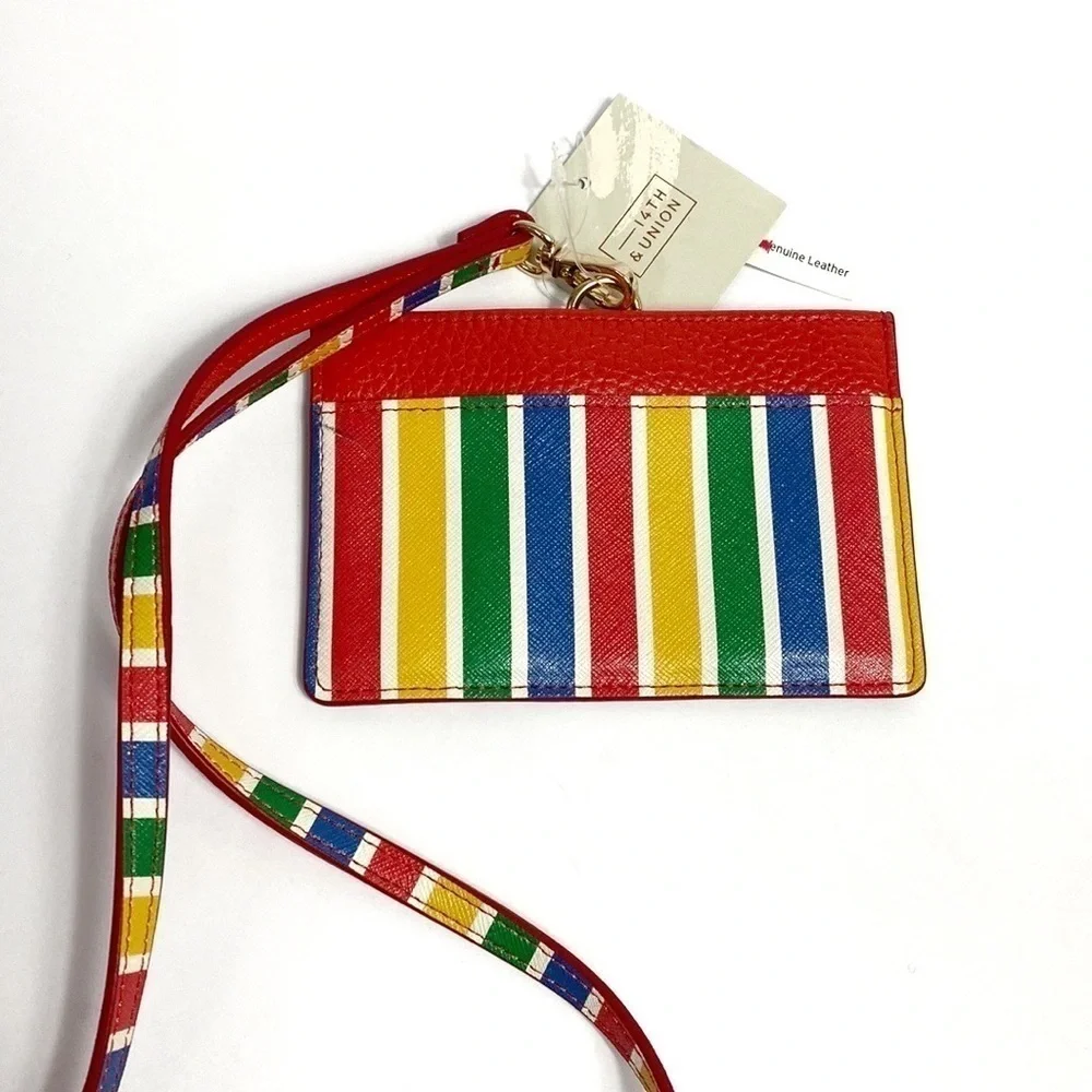 14th & Union rainbow stripe leather card ID holder NWT